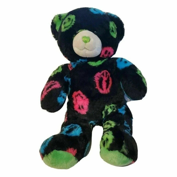 Build A Bear Neon Black Green Blue Pink Smiley Faces Peace Signs 16  Plush Teddy - Picture 1 of 2